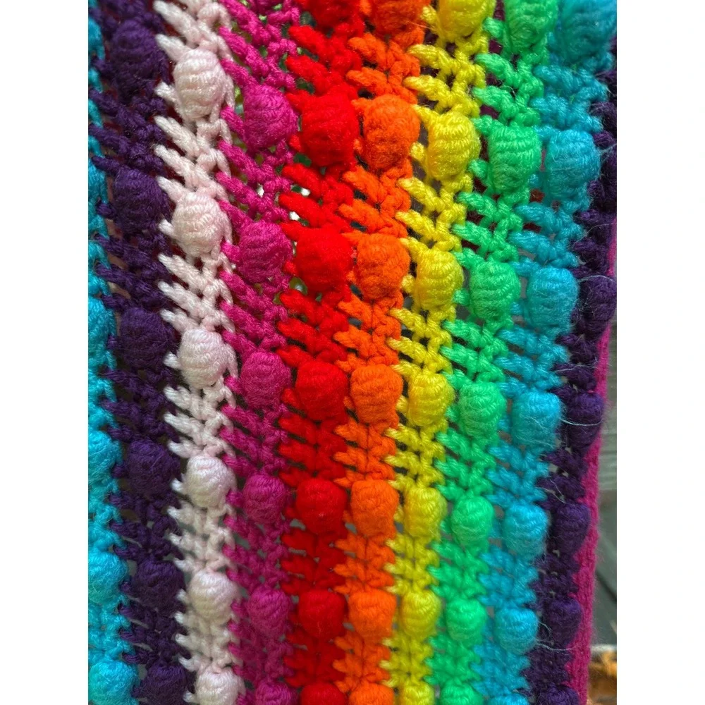 Handmade Crochet Rainbow Bobble Stitch Blanket Multi Color Striped Throw 57x44